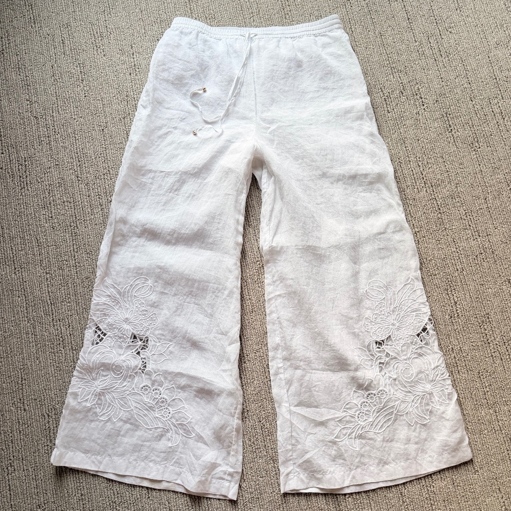 JOHNNY WAS Beautiful White Embroidered Flowy Pants Sz M NEW $400!!